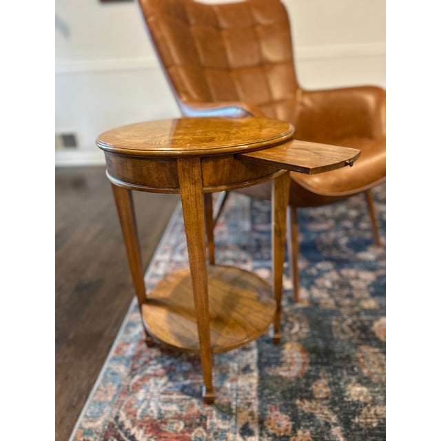 Beautiful vintage Lane Furniture round two-tier side table featuring a stunning burl wood top with dramatic swirling grain...