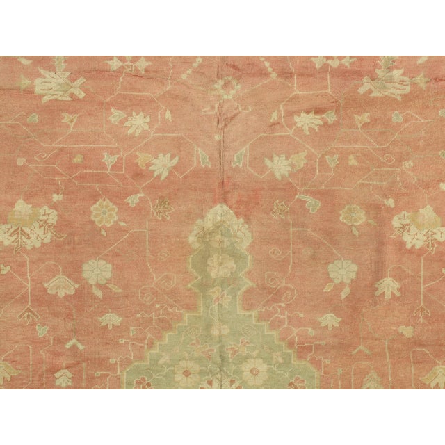 Antique Oushak Carpet, Oriental Rug, Handmade Ivory, Muted Coral, Soft Green For Sale - Image 16 of 18