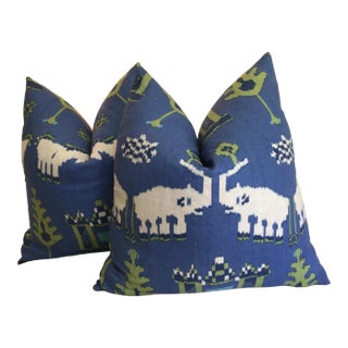 Thibaut Kingdom Parade in Cobalt Blue & Lime Green Down Filled Pillows- a Pair For Sale