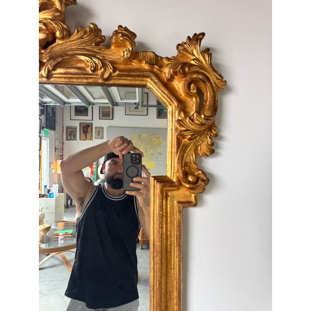 Vintage Hollywood Regency-Style Carved Wood Gold Wall Mirror/ For Sale - Image 9 of 12