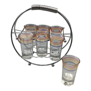 Vintage Chrome Plated Shot Glass Caddy With 7 Striped 2 Oz. Shot Glasses-Set of 8