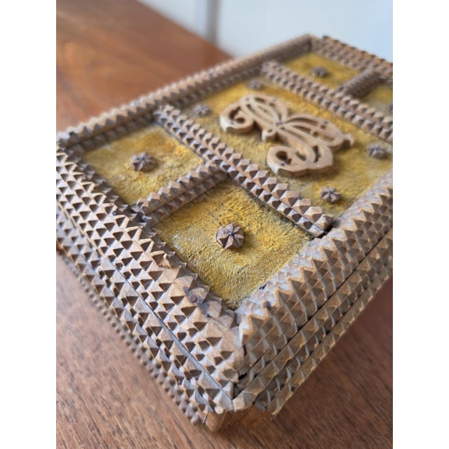 Antique Tramp Art Box Hand Carved Folk Art Keepsake Box Monogram R Velvet Jewelry Box Primitive Wooden Storage Decor For Sale - Image 15 of 15
