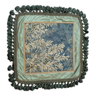 Antique Silk Tapestry Cushion Cover With Tassel Fringe, Blue & Ivory Floral, 23"x23" For Sale