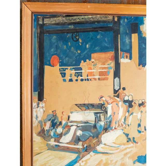 We are selling this interesting Art Deco period gouache on cardboard painting. The painting appears to be of a crowd...