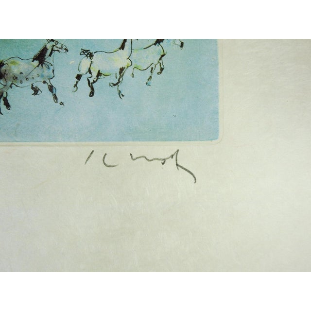 Late 20th century aquatint etching on handmade paper of horses by Kaiko Moti (1921 - 1989) France, India, United Kingdom....