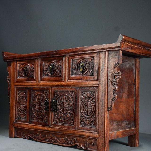 Wood 1990s Carved Hardwood Altar Table / Console Cabinet With "Five Blessings" Motifs For Sale - Image 7 of 8
