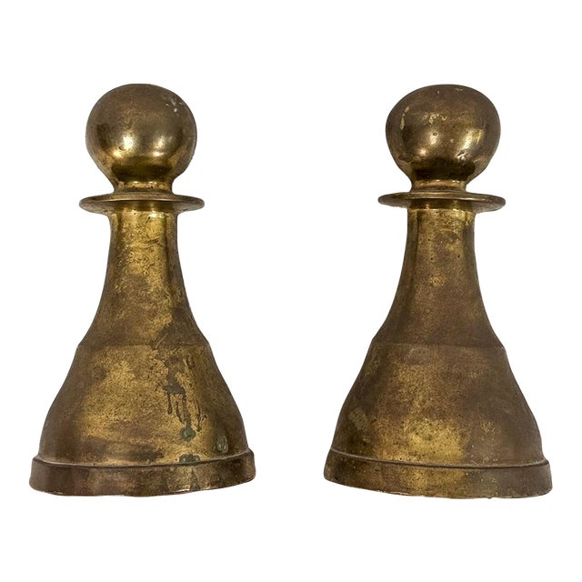 Vintage Brass Pawn Bookend MCM Chess Decor Two Heavy Sculptures For Sale