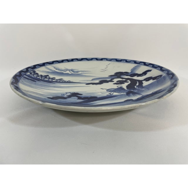 Ceramic Early 20th Century Large 14.5" Blue and White Japanese Charger Mt Fuji For Sale - Image 7 of 17