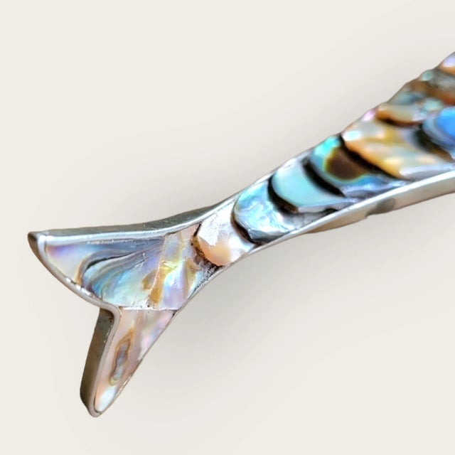 Silver Rare Vintage 1970s Los Castillos Silver Style Abalone Fish Bottle Opener - Sculptural Silver & Iridescent Gem For Sale - Image 8 of 9