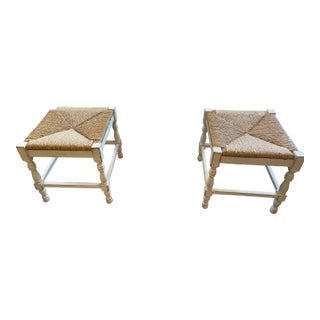 Pair of Ballard Designs Italian Farmhouse Chic Cane and Wood Stools For Sale