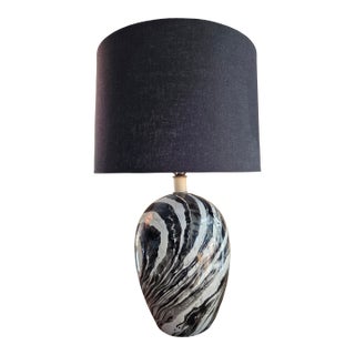 Vintage Mid Century Black + White Hand Painted/Glazed Pottery Table Lamp For Sale