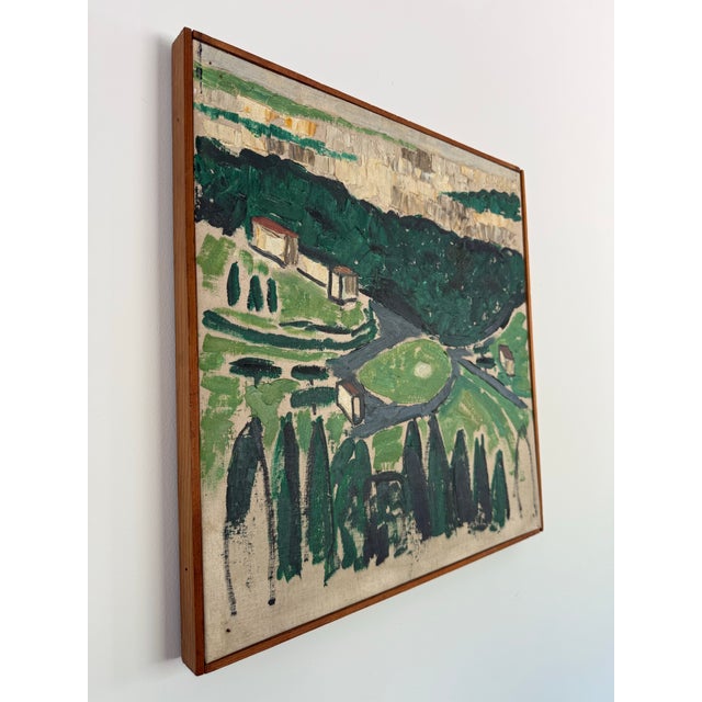 This is a sweet little midcentury landscape painting of the Austrian countryside on canvas board in its original studio...