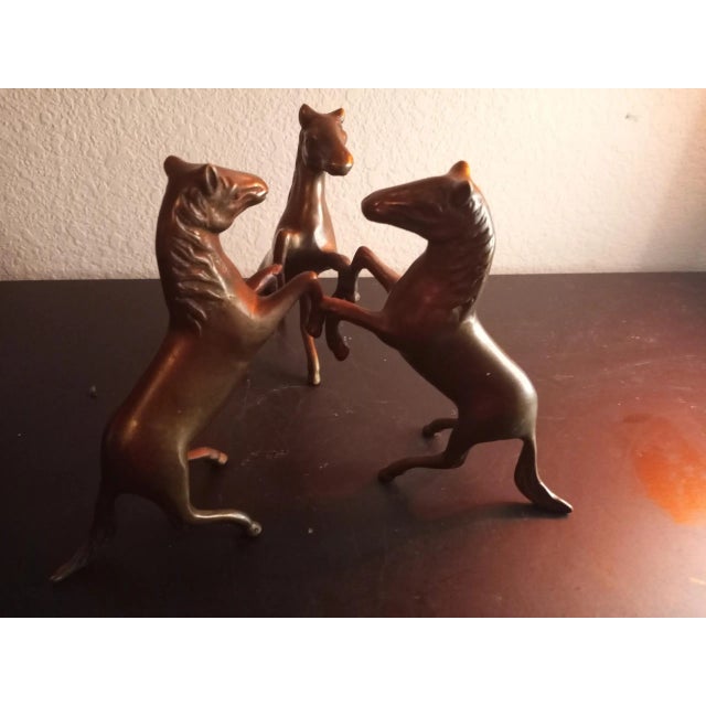 Contemporary 1970s Vintage Solid Bronze Triple Rearing Stallion Sculpture For Sale - Image 3 of 8