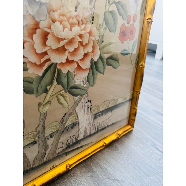 Framed De Gournay Bird & Peony Chinoiserie Painting in Gilt Bamboo Frame For Sale - Image 4 of 7