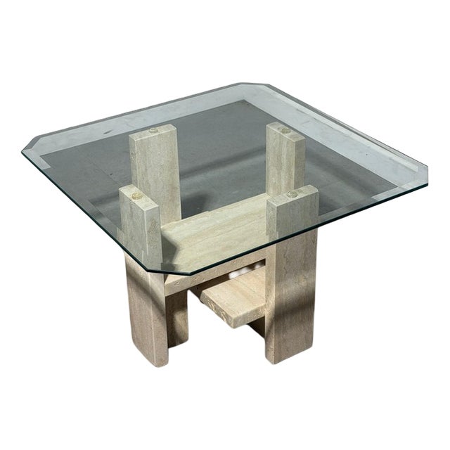 Travertine and Glass Coffee Table by Willy Ballez For Sale