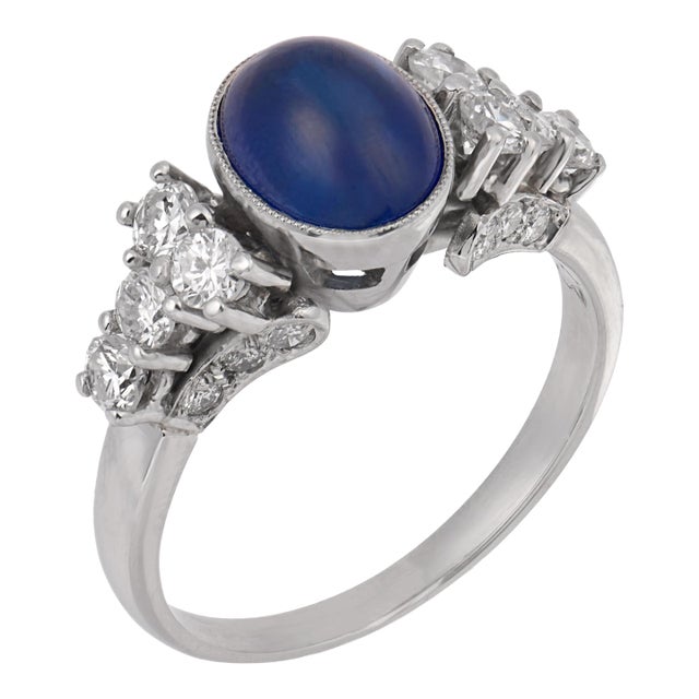 Vintage 2.63 Cabochon Cut Sapphire Diamond Platinum Ring, Size 7 For Sale