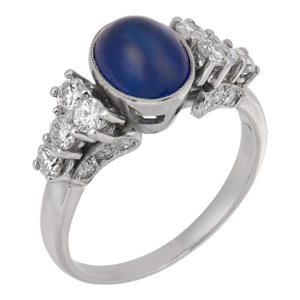 Vintage 2.63 Cabochon Cut Sapphire Diamond Platinum Ring, Size 7