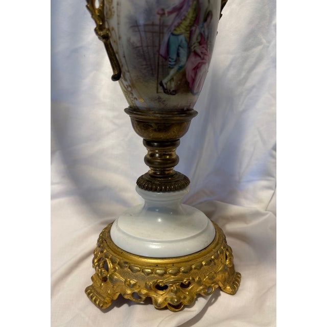 Late 19th Century An Antique French Sevres-Style Porcelain and Gilt Bronze (Ormolu) Urn or Vase With a Glass Serving Tray. For Sale - Image 5 of 7
