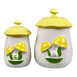 Mid-Century Porcelain Yellow Mushroom Kitchen Canisters - a Pair