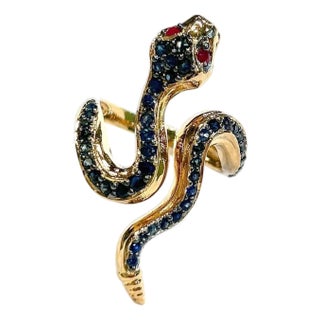 Bochic "Orient" Vintage Black Diamond & Ruby Serpent Ring In 18K Gold & Silver For Sale