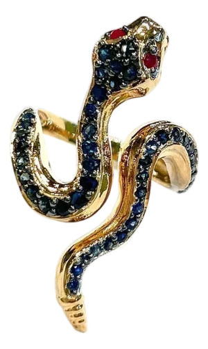 Bochic "Orient" Vintage Black Diamond & Ruby Serpent Ring In 18K Gold & Silver