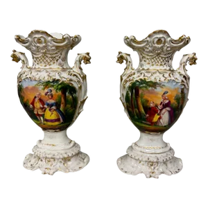 Pair of Late 19th Century Old Paris Porcelain Courting Scene & Floral Decorated Vases With Figural Lion Handles