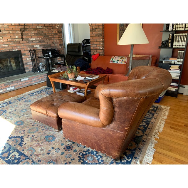 Restoration Hardware Classic Leather Club Chair and Ottoman a Pair
