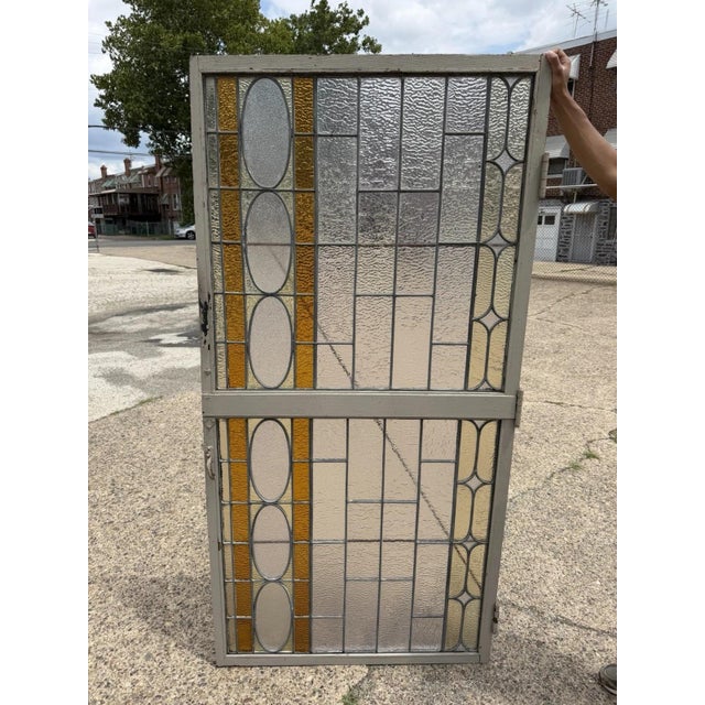 Antique Victorian Amber Stained Leaded Glass Double Windows in Wooden Frame Converted to a Door (Originally 2 separate...