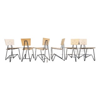 Vintage 90's Industrial Iron and Plywood Dining Chairs – Design by Sauer & Gueswel - Set of 6 For Sale