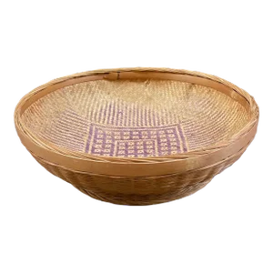 1970s Handwoven Bamboo & Rattan Basket With Purple Center Design
