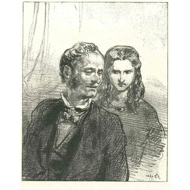 The Couple is an original lithograph artwork on ivory-colored paper, realized by the French draftsman Paul Gavarni (after)...
