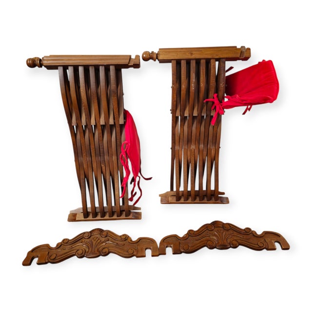 1980s Pair of 1980s Renaissance Revival Style Wooden Folding Chairs With Red Cushions For Sale - Image 5 of 12