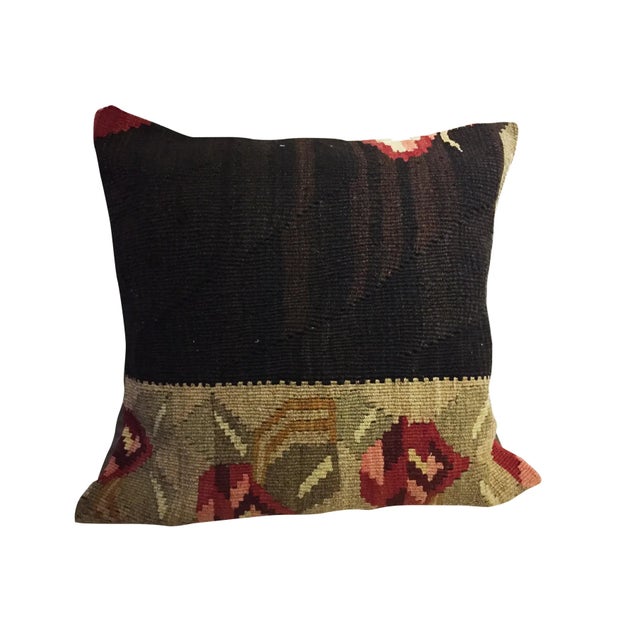 A superb custom made old Turkish Tribal kilim rug pillow cover in amazing colors and geometric design. Backed in brown...