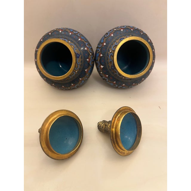Pair of Antique Handmade Chinese Foo Dog Enamel Champleve Cloisonné Ginger Jars For Sale - Image 12 of 12