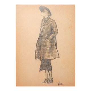 Vintage 1935 Womans Coat Fashion Illustration Drawing For Sale