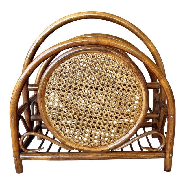 Circa 1980 Coastal Cottage Bent Rattan & Woven Cane Dual-Compartment Media Caddy For Sale