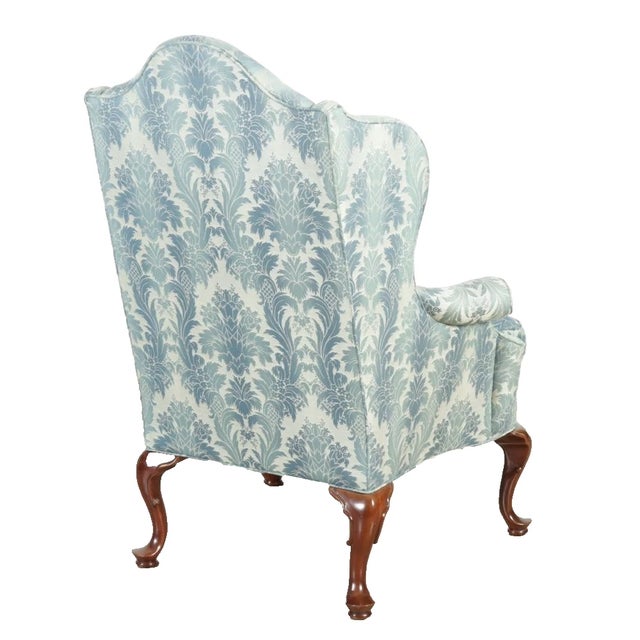 Mid 20th Century Mid 20th Century Southwood Philadelphia Queen Anne Style Mahogany Wing Blue Damask Fabric For Sale - Image 5 of 6