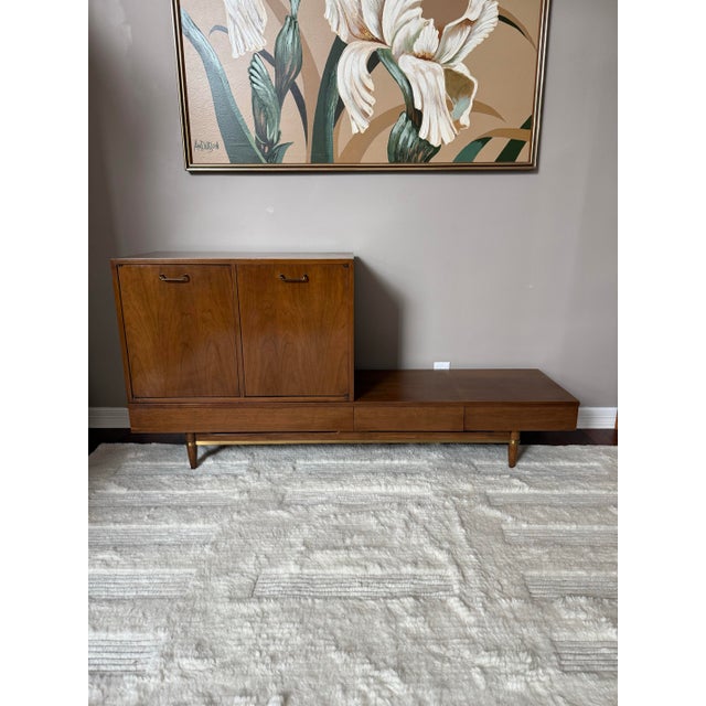 American of Martinsville "Dania" Walnut Modular Bench and Cabinet Attachment by Merton Gershun Gorgeous walnut wood...