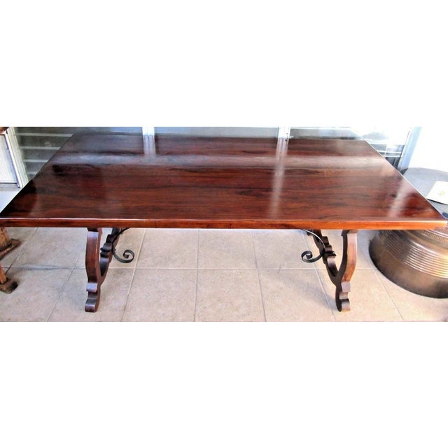 Wood Vintage Spanish Catalan Trestle Dining Table With Lyre Legs and Iron Stretchers For Sale - Image 7 of 15