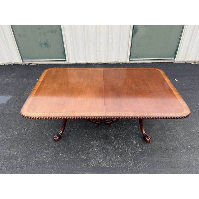 Banded Mahogany Chippendale Style Double Pedestal Extension Dining Table- Mid 1900s For Sale - Image 10 of 12