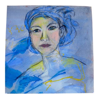 "Blue Lady" Contemporary Expressionist Portrait Mixed-Media Drawing by Martha Holden For Sale