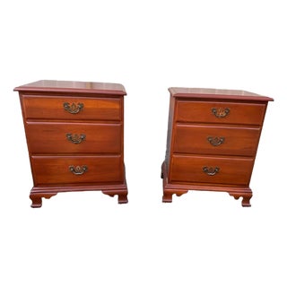 Pair of Vintage Georgian Style Cherry Wood 3 Drawer Nightstands or Bedside Tables For Sale