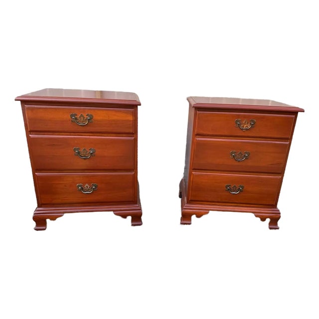 Pair of Vintage Georgian Style Cherry Wood 3 Drawer Nightstands or Bedside Tables For Sale