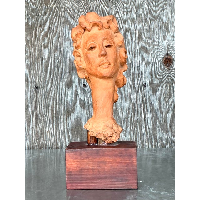 Terra Cotta Vintage Boho Original Terracotta Bust of Woman For Sale - Image 8 of 11