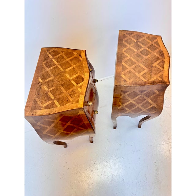 Pair of Italian Bombe Commodini W Geometric Marquetry and Brass Hardware, 1950s For Sale - Image 16 of 16