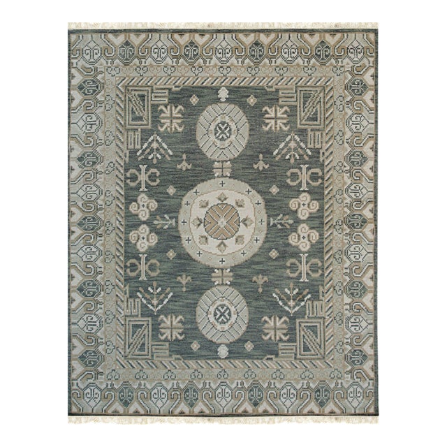 8x10 Rhea Traditional Green Medallion Modern Hand Knotted Wool Carpet Rug For Sale