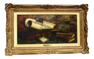 19th Century Antique Violin Still Life Framed Painting