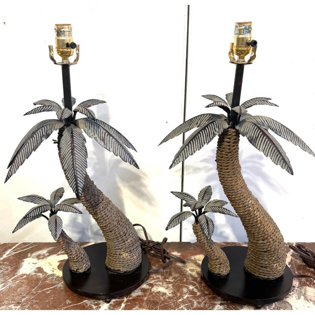 Late 20th Century Pair of British Colonial Style Tole and Rope Double Palm Tree Lamps For Sale In Atlanta - Image 6 of 12