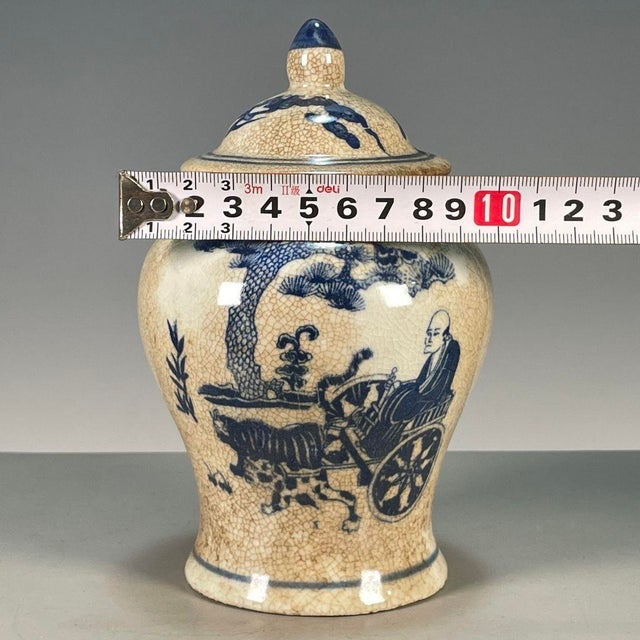 Chinese Chinese Blue & White Crackle Glaze Porcelain Covered Jar With Figural Scene For Sale - Image 3 of 9