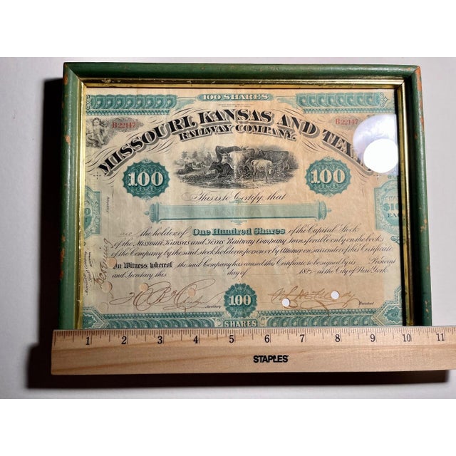 Antique 1882 Missouri-Kansas-Texas Railway Stock Certificate 100 Shares Framed For Sale - Image 10 of 12